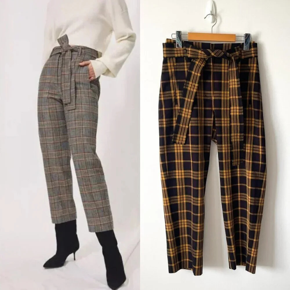 Aritzia Wilfred Tie-Front Jallade Cropped High Waisted Pant Plaid Size 2
